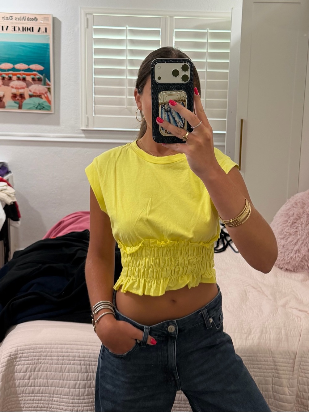 Zara Bright Yellow Smocked Cropped Tee